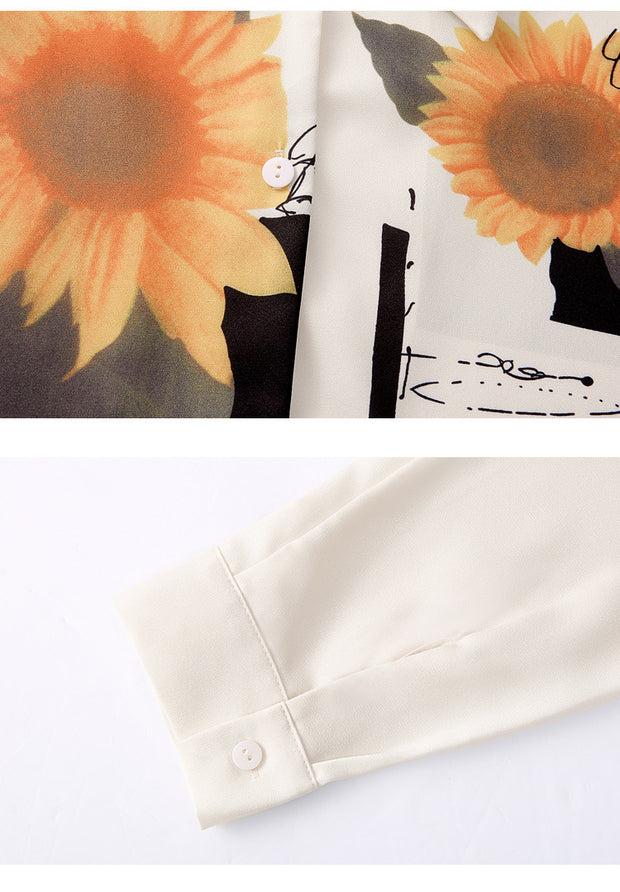 Retro Sunflower Oil Painting Chiffon Shirt Female Design Sense Niche Long-sleeved Blouse