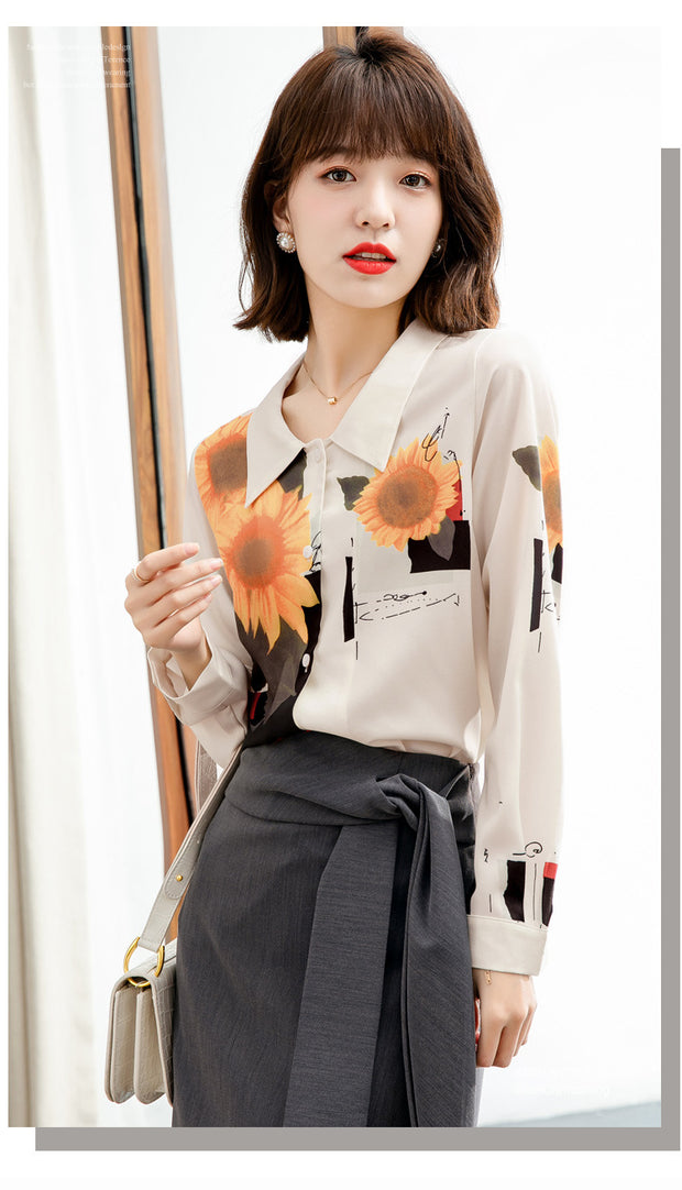 Retro Sunflower Oil Painting Chiffon Shirt Female Design Sense Niche Long-sleeved Blouse