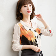 Retro Sunflower Oil Painting Chiffon Shirt Female Design Sense Niche Long-sleeved Blouse