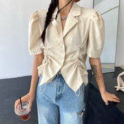 French V-Drawstring Folded Waist Blouse Women's Suit Collar