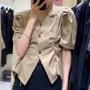 French V-Drawstring Folded Waist Blouse Women's Suit Collar